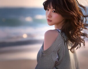 Wall Mural - Portrait of beautiful young asian woman on beach 