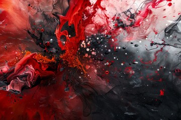 Poster - A captivating image featuring a powerful explosion of red and black colors, dynamically blended with swirling patterns and splashes, creating a vivid abstract masterpiece.