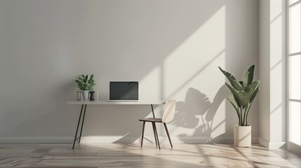 Poster - A minimalist home office with a simple desk, a chair, and a laptop, creating a clutter-free and productive space