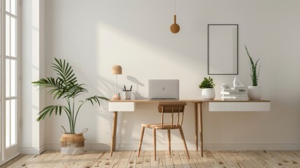 Poster - A minimalist home office with a simple desk, a chair, and a laptop, creating a clutter-free and productive space