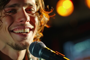 Poster - A person is performing on stage, holding a microphone, with vibrant colorful lights in the background, capturing the essence of a live music performance.