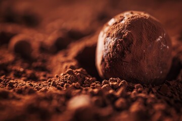 Poster - A partially cocoa-covered truffle is displayed in a close-up shot, with the uneven cocoa powder adding a rustic and artisanal touch to the mouthwatering chocolate treat.