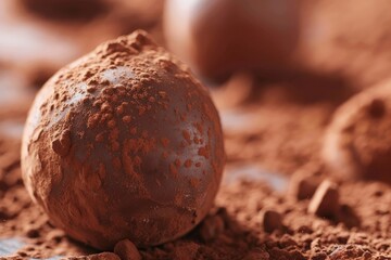 Poster - An intricately textured chocolate truffle sits enticingly in a bed of cocoa powder, presenting a harmonious blend of smooth and grainy textures in a delectable scene.