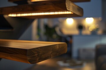 Poster - This image captures a detailed view of a modern wooden staircase with warm, cozy lighting, creating a sophisticated and inviting atmosphere in a contemporary home interior.