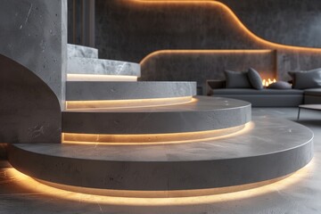Poster - A stylish curved concrete staircase highlighted with warm lighting creates a striking balance between robustness and aesthetic appeal in this modern home interior setup.