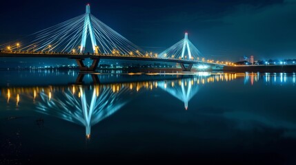 Poster - A modern cable-stayed bridge illuminated at night, reflecting in the calm river waters