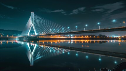 Poster - A modern cable-stayed bridge illuminated at night, reflecting in the calm river waters