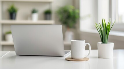 Wall Mural - Modern workspace setup with a laptop, Ideal for illustrating productivity and minimalism in a professional setting