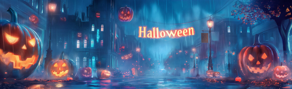 Happy halloween banner or party invitation background with blue fog clouds and pumpkins