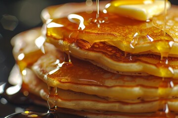 A mouth-watering stack of pancakes is shown drenched in golden maple syrup with a melting pat of butter on top, highlighting the breakfast in all its sweet, sticky glory.