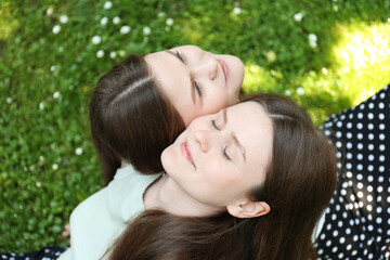 Canvas Print - Two beautiful twin sisters spending time together in park, above view