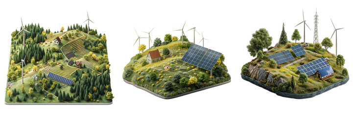 Set of Renewable Energy Landscapes Isolated on Transparent Background