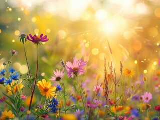 Sunlit wildflower meadow with vibrant colors, sunbeams, and bokeh lights, ample copy space for summer greetings, making an ideal nature background banner or greeting card