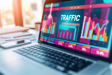 Poster - Laptop displaying traffic data in the form of colorful charts and graphs is being used by a businessman for analysis