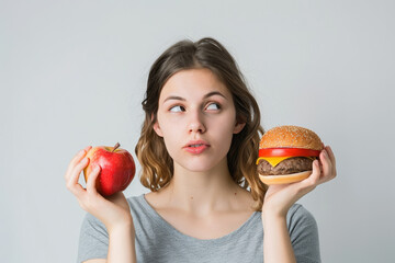 Young woman is holding a hamburger and a red apple while making a decision about healthy food