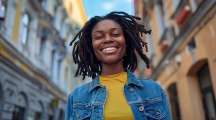 Poster - A woman with dreadlocks is smiling and wearing a blue jacket