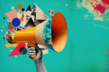 Poster - Contemporary art collage, Hand is holding a megaphone surrounded by colorful modern art collage elements, conveying a powerful message through visual chaos