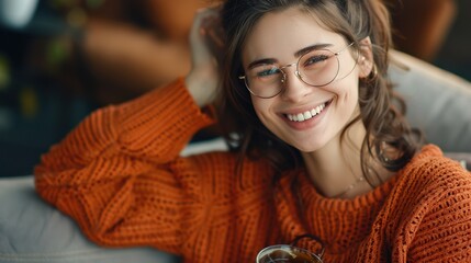 Canvas Print - A woman wearing glasses and a red sweater is smiling and holding a cup