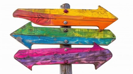 Wall Mural - Wooden directional sign with multiple arrows, each painted in vibrant colors like yellow, green, blue, and pink