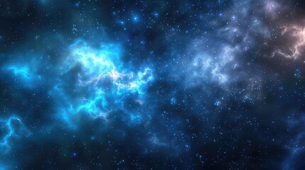 A vast expanse of space filled with a bright blue nebula and countless scattered stars.