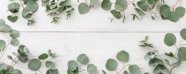 Eucalyptus branches in a wave pattern, top view, rustic white wooden background, ample space for text in the center