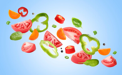 Wall Mural - Different vegetables in air on light blue background