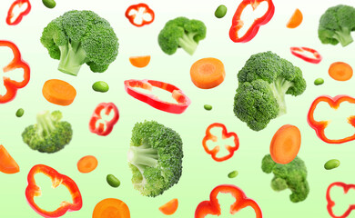 Wall Mural - Different vegetables in air on green gradient background