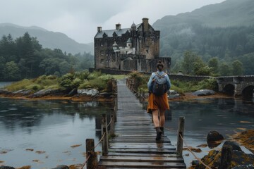 A lone woman walks on a rustic wooden bridge towards a historic castle, surrounded by a serene body of water with lush green hills in the background.