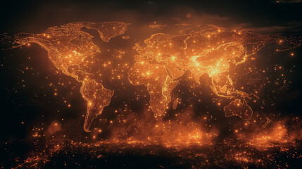 world map with dots in orange-gold, bright and detailed, modern design.