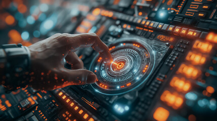 Poster - Touchscreen interaction featuring glowing holographic elements, perfect for abstract tech wallpaper and background best-seller.
