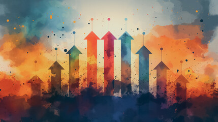 Poster - Tech-themed abstract background with colorful arrows pointing upwards, representing growth and innovation.