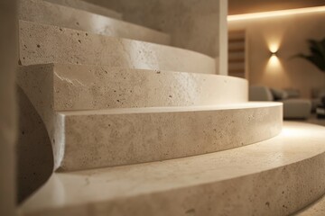Aufkleber - A detailed close-up view of elegant travertine stairs that gently curve, set in a modern, minimalist interior, showcasing the refined texture and design of the stone.