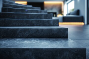Poster - A sleek and modern polished stone staircase in a home interior, featuring minimalist design and smooth surfaces, epitomizing contemporary architectural elegance and style.