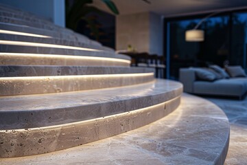 Aufkleber - An elegant light stone staircase with soft integrated lights, creating a relaxed and luxurious ambiance in a modern interior setting, perfect for sophisticated living spaces.