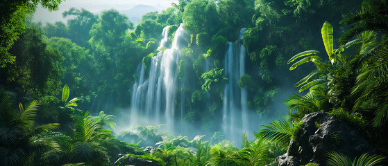 Wall Mural - A cascading waterfall tumbles down moss-covered rocks in a lush green forest. Image generated by AI