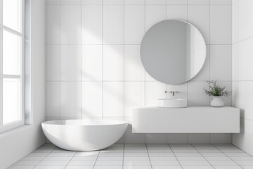 A minimalist bathroom showcasing a round mirror and a freestanding bathtub, characterized by clean lines, ample natural light, and a serene ambiance created by white tiled walls.