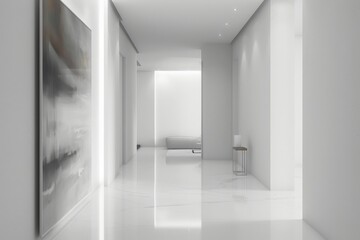 Aufkleber - An interior showcasing a minimalist design flooded with bright, natural light and featuring modern abstract wall art, a subtle seating area, and sleek, reflective surfaces.