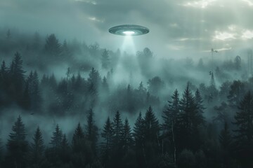 Aufkleber - A bright UFO beams light down onto a misty forest, highlighting the tall, dark trees that create a chilling contrast with the dense fog and the early morning light.