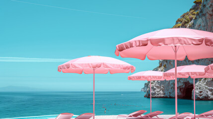 Wall Mural - sea and beach, with pink beach umbrella on the land