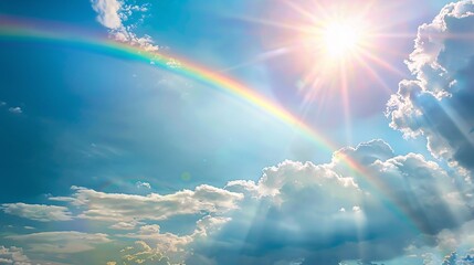 A beautiful vibrant double rainbow cloudscape background with an awesome blue sky, pretty clouds, bright sun shining down, and a large double rainbow arcing across the right corner, leaving