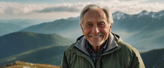 elderly caucasian guy in cloudy top of mountain sunny peak portrait smiling landscape background