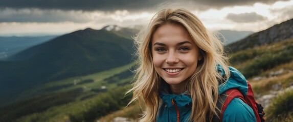 Wall Mural - young blonde woman in cloudy top of mountain sunny peak portrait smiling landscape background