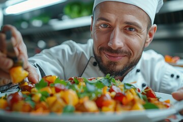 A chef dressed in white uniform and hat, garnishing a colorful dish with fresh ingredients in a modern, professional kitchen, smiling at the camera.