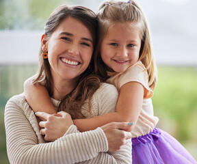 Canvas Print - Hug, mother and girl child in portrait for love, care or bonding together with single parent or wellness. House, safety and happy mom in family home with support, security and smile with kid or joy