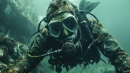 Haunting zombie diver with algae-covered diving suit and haunted mask exploring a sunken shipwreck in murky underwater depths on a white isolated background