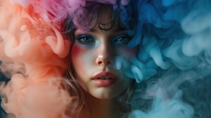 Wall Mural - Close-up of a woman surrounded by vibrant pink and blue smoke, with dramatic makeup and captivating expression.