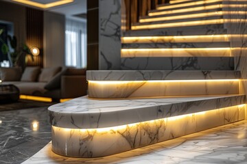 Aufkleber - Modern white marble staircase with led lighting in luxury villa