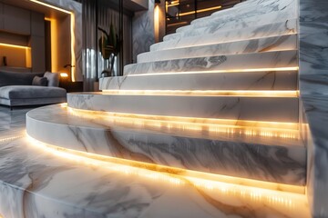Aufkleber - Modern white marble staircase with led lighting illuminating luxury interior design