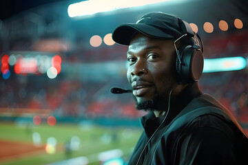 Wall Mural - African american commentator on live translation of match on stadium