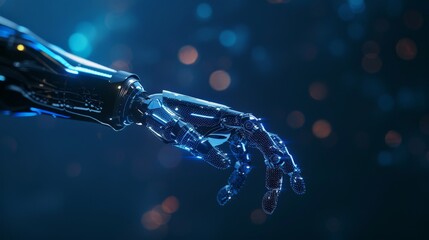 Poster - Futuristic robotic arm with digital enhancements in a dark environment. Perfect for illustrating robotics and AI innovation.